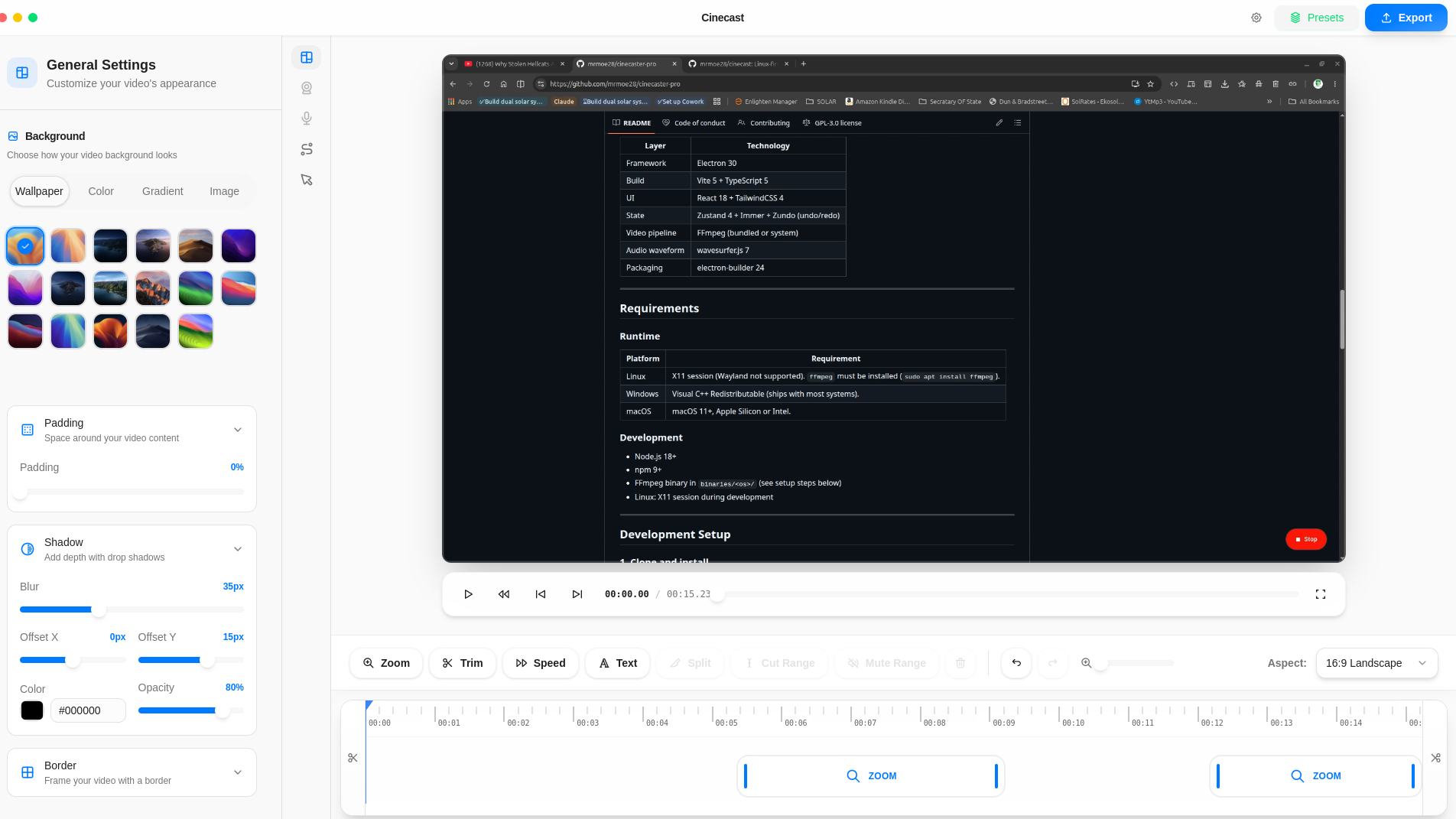 Cinecast editor interface